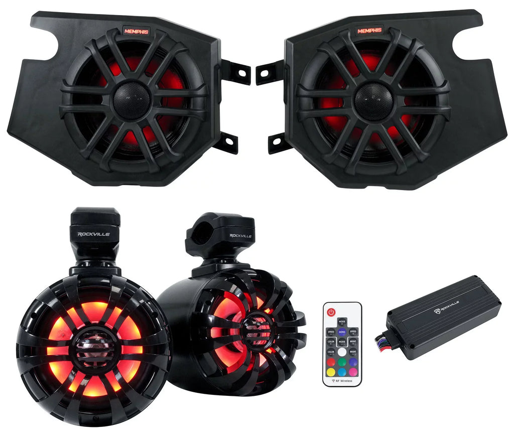 (2) Memphis Audio RZR65FE Pods+LED Tower Sizepeakers+Amp For 2014+ Polaris RZR