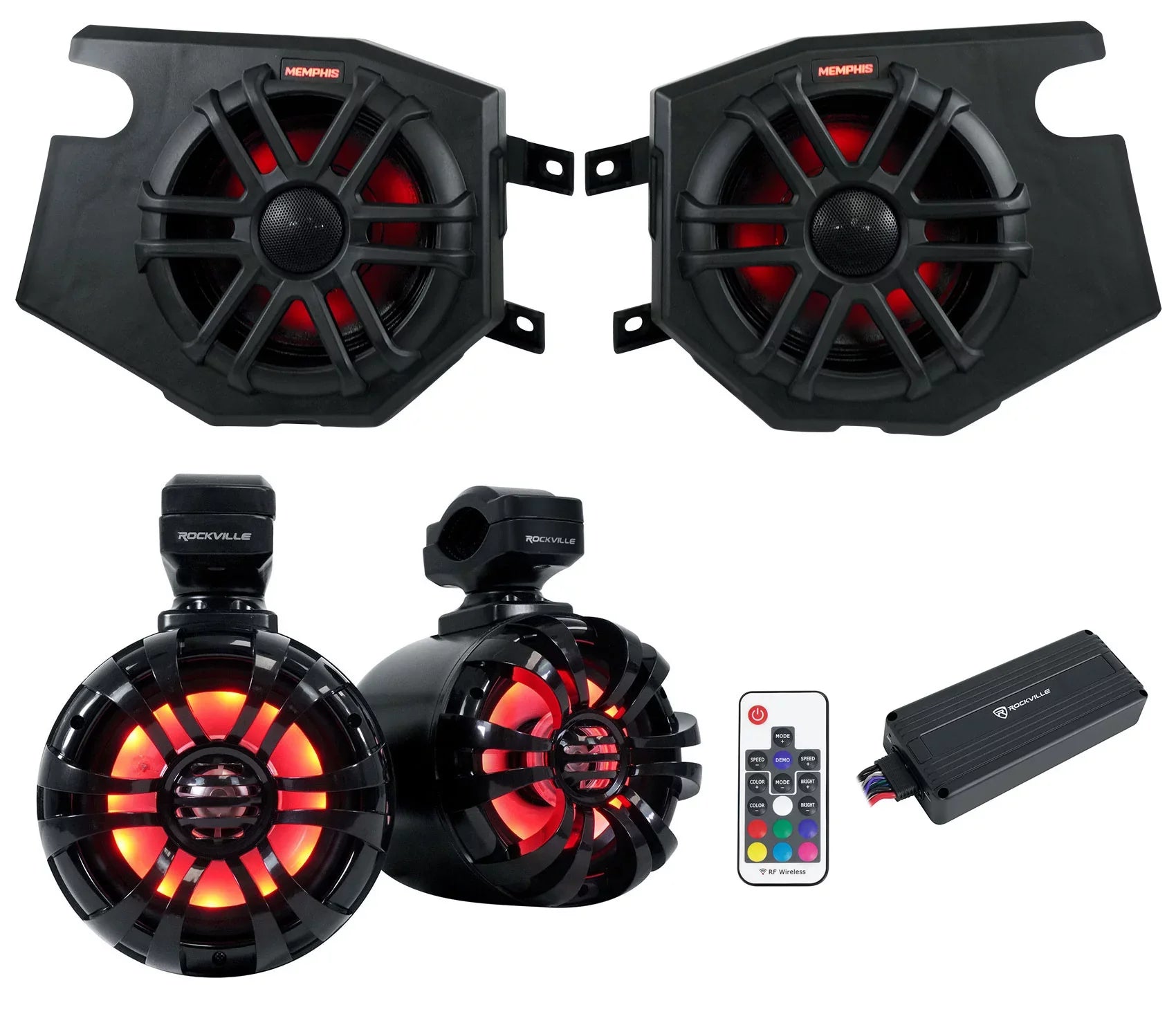 (2) Memphis Audio RZR65FE Pods+LED Tower Sizepeakers+Amp For 2014+ Polaris RZR
