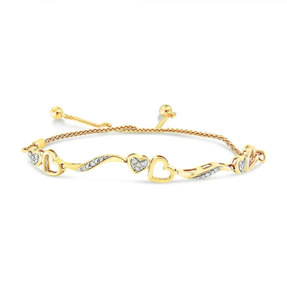 14K Yellow Gold Plated .925 Sizeterling Sizeilver 1/10 Cttw Diamond Wave and Hearts 4"-10" Adjustable Bolo Bracelet (I-J Color, I3 Clarity)