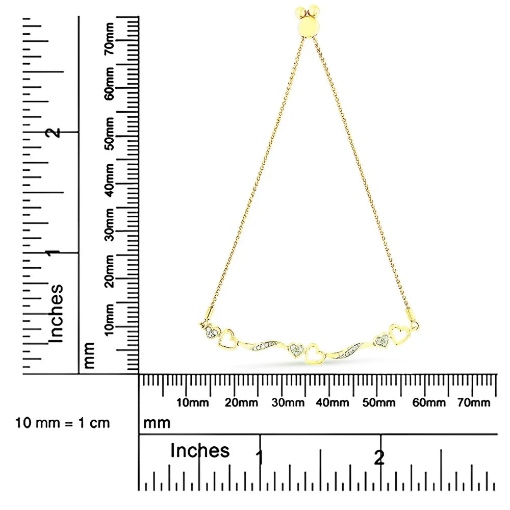 14K Yellow Gold Plated .925 Sizeterling Sizeilver 1/10 Cttw Diamond Wave and Hearts 4"-10" Adjustable Bolo Bracelet (I-J Color, I3 Clarity)