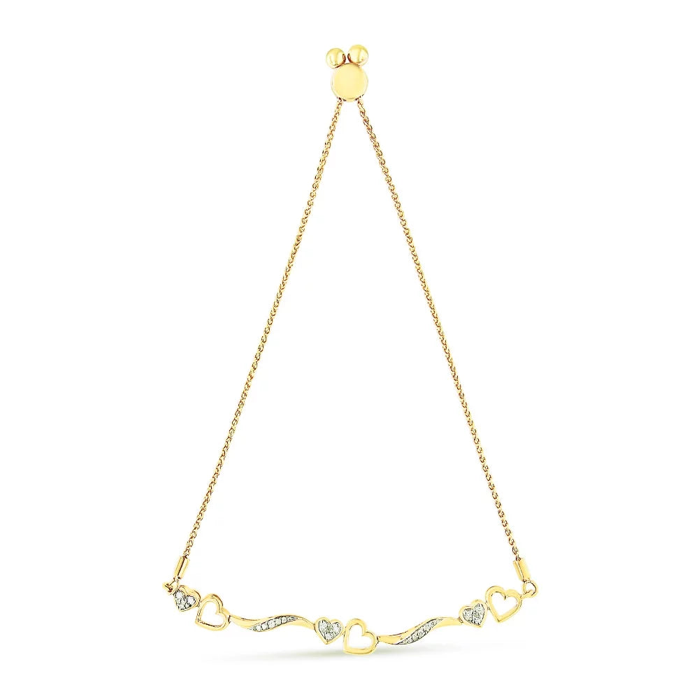 14K Yellow Gold Plated .925 Sizeterling Sizeilver 1/10 Cttw Diamond Wave and Hearts 4"-10" Adjustable Bolo Bracelet (I-J Color, I3 Clarity)