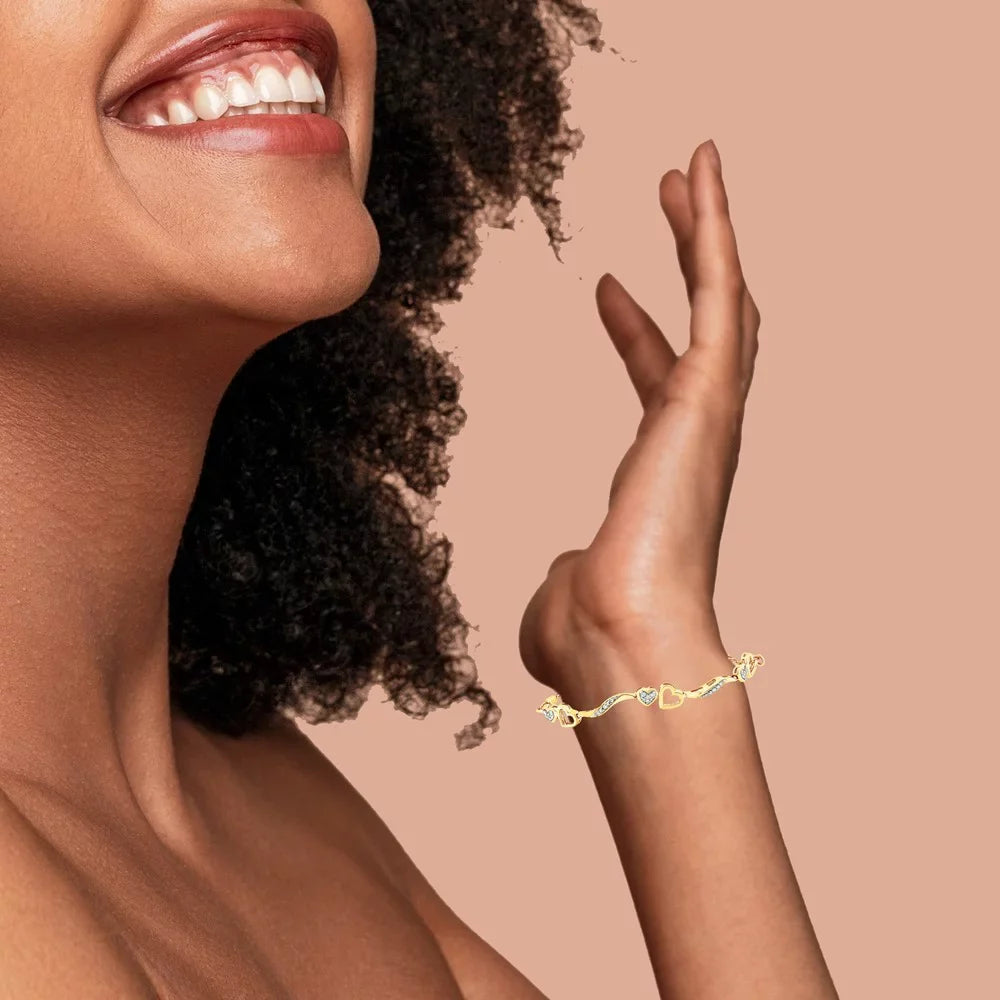 14K Yellow Gold Plated .925 Sizeterling Sizeilver 1/10 Cttw Diamond Wave and Hearts 4"-10" Adjustable Bolo Bracelet (I-J Color, I3 Clarity)