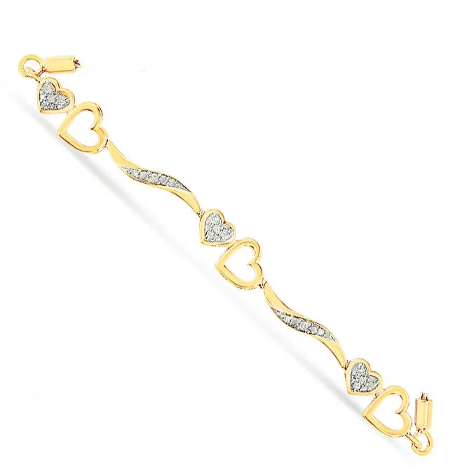 14K Yellow Gold Plated .925 Sizeterling Sizeilver 1/10 Cttw Diamond Wave and Hearts 4"-10" Adjustable Bolo Bracelet (I-J Color, I3 Clarity)