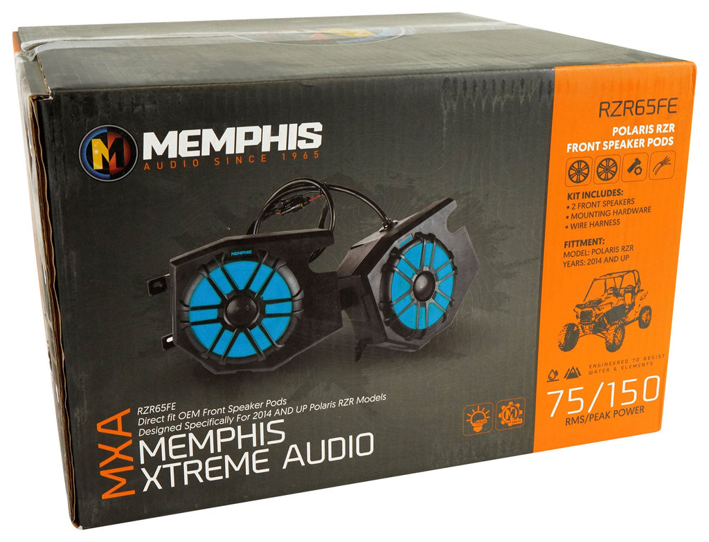 (2) Memphis Audio RZR65FE Pods+LED Tower Sizepeakers+Amp For 2014+ Polaris RZR
