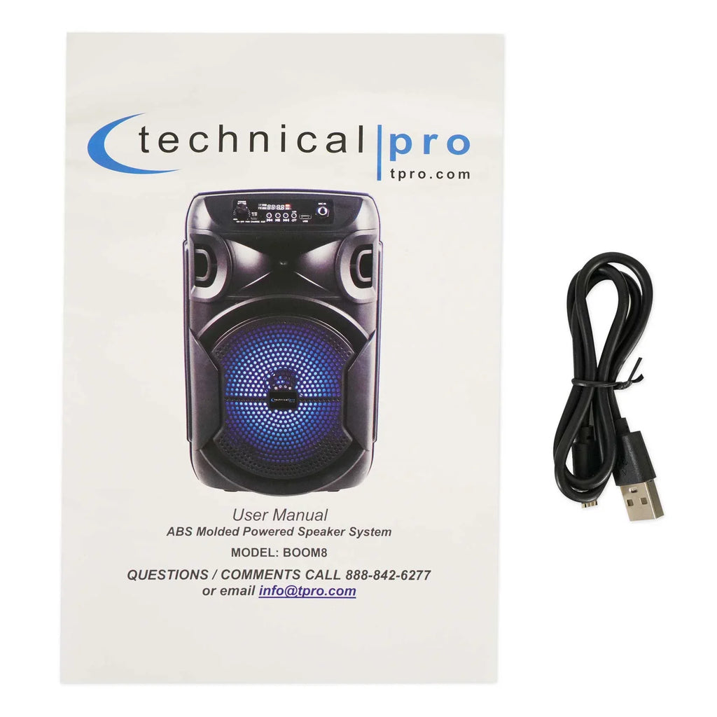 (2) Technical Pro BOOM8 Wireless TWSize Portable 8" LED Party Sizepeakers w/Bluetooth