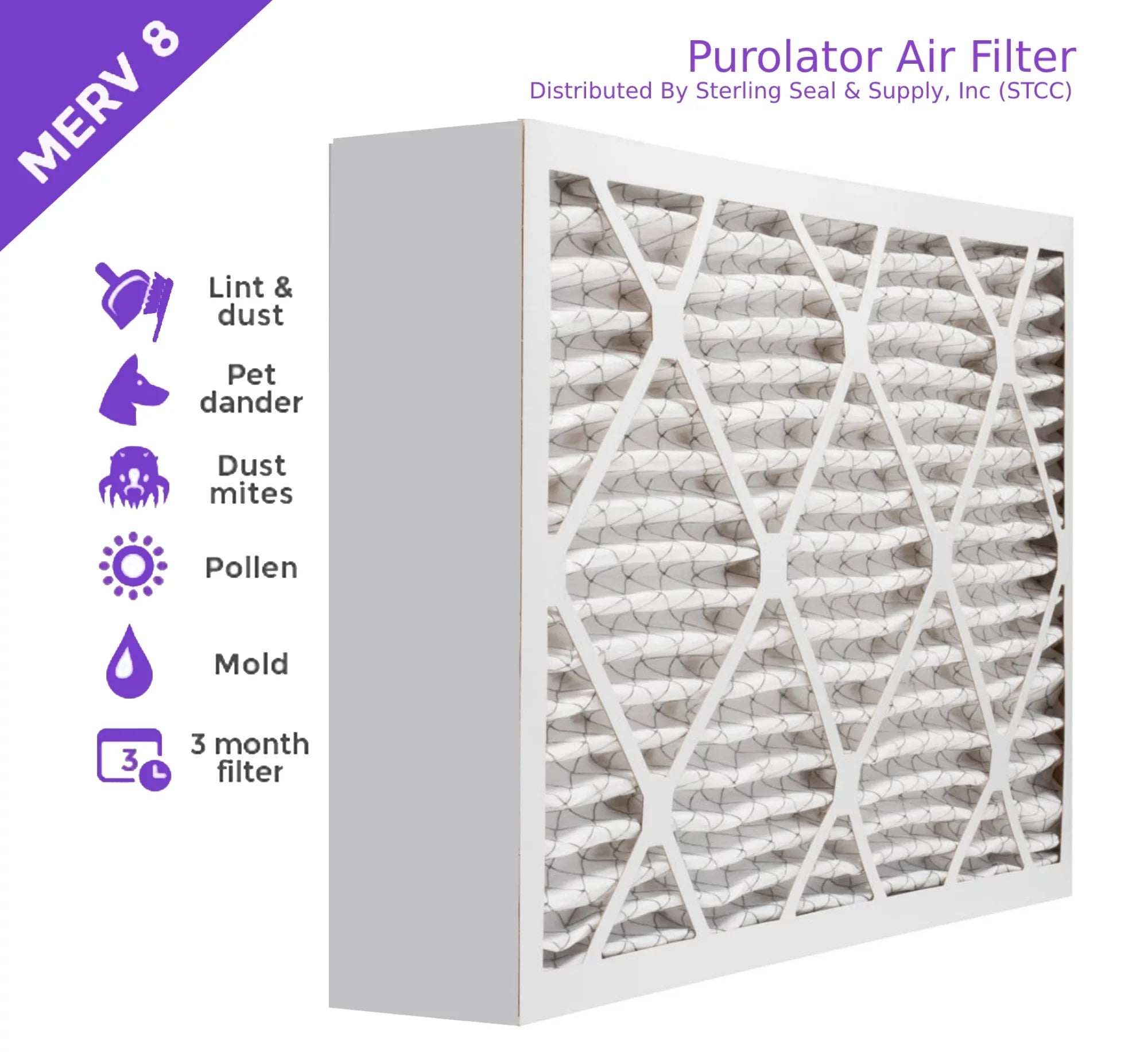 16x20x4, Purolator DMK80 Extended Sizeurface Pleated Air Filter, Mechanical MERV 8, (3 Pack)