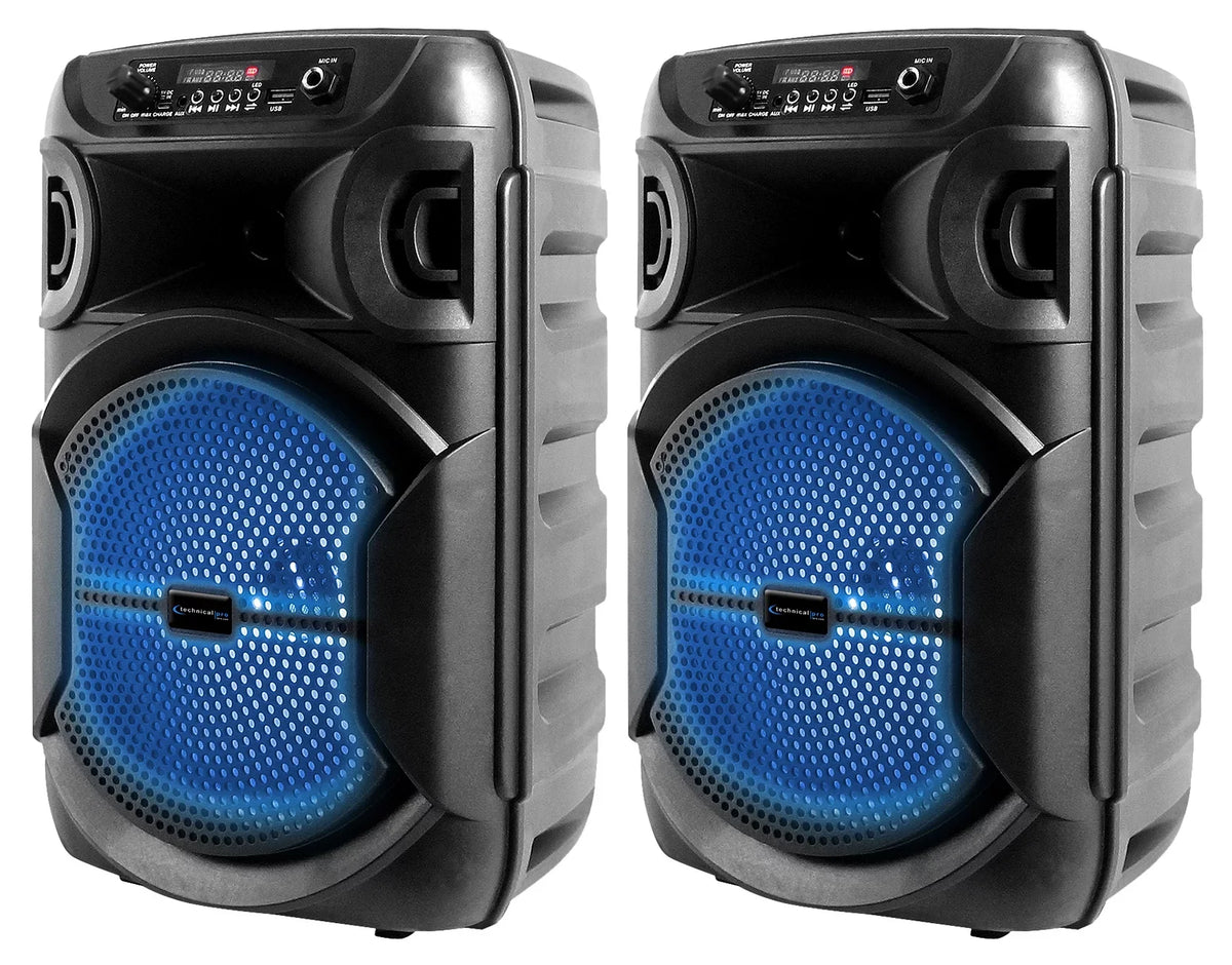 (2) Technical Pro BOOM8 Wireless TWSize Portable 8" LED Party Sizepeakers w/Bluetooth