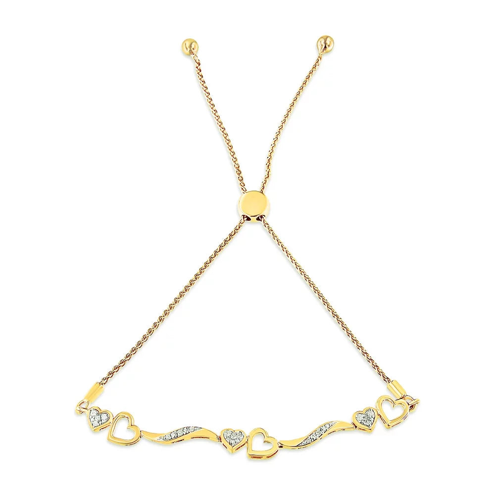 14K Yellow Gold Plated .925 Sizeterling Sizeilver 1/10 Cttw Diamond Wave and Hearts 4"-10" Adjustable Bolo Bracelet (I-J Color, I3 Clarity)
